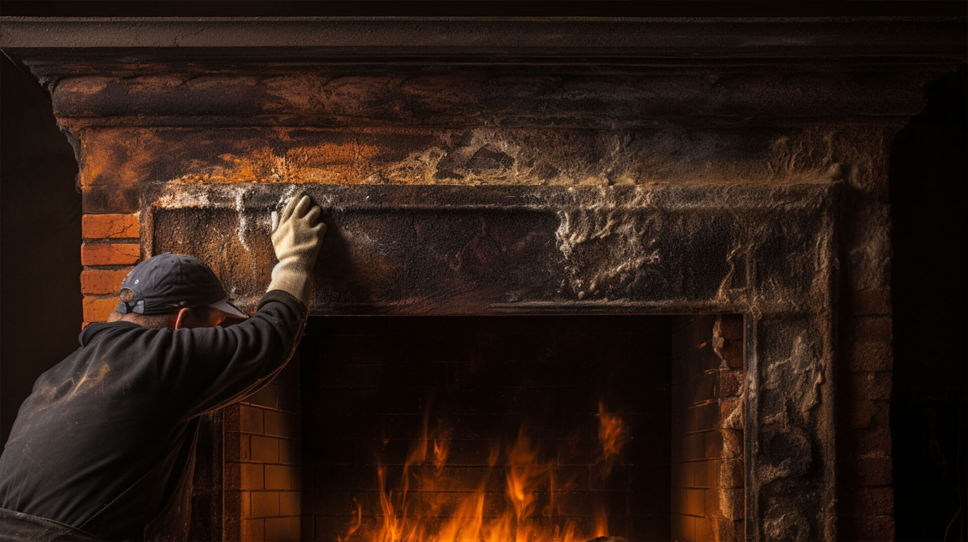 gloved hands diligently scrubbing the intricate crevices and textured surface of a brick fireplace