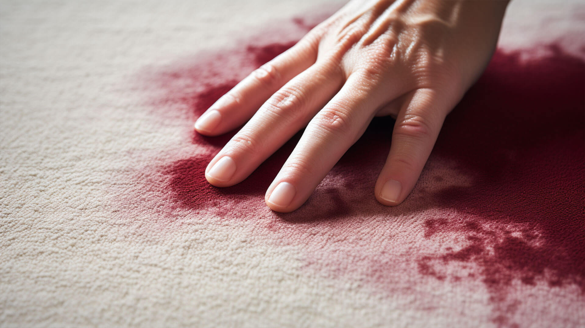 gloved hands gently blotting a deep red wine stain from a cream-colored carpet