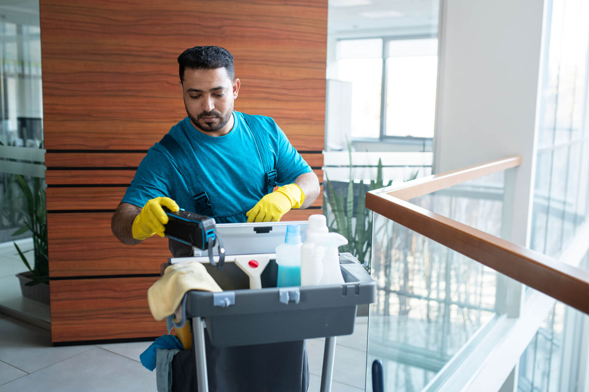 A maid providing cleaning service in an office located in Fort Worth, Texas.