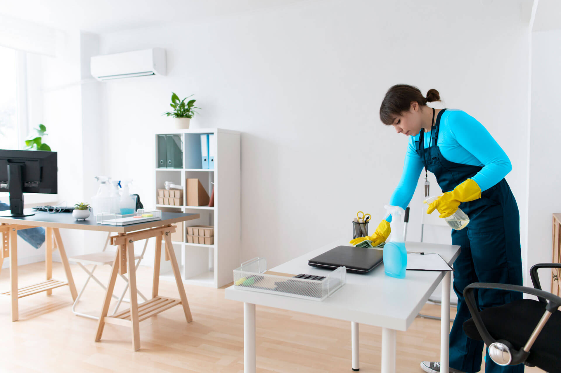 A maid providing cleaning service at a desk in a Dallas office.