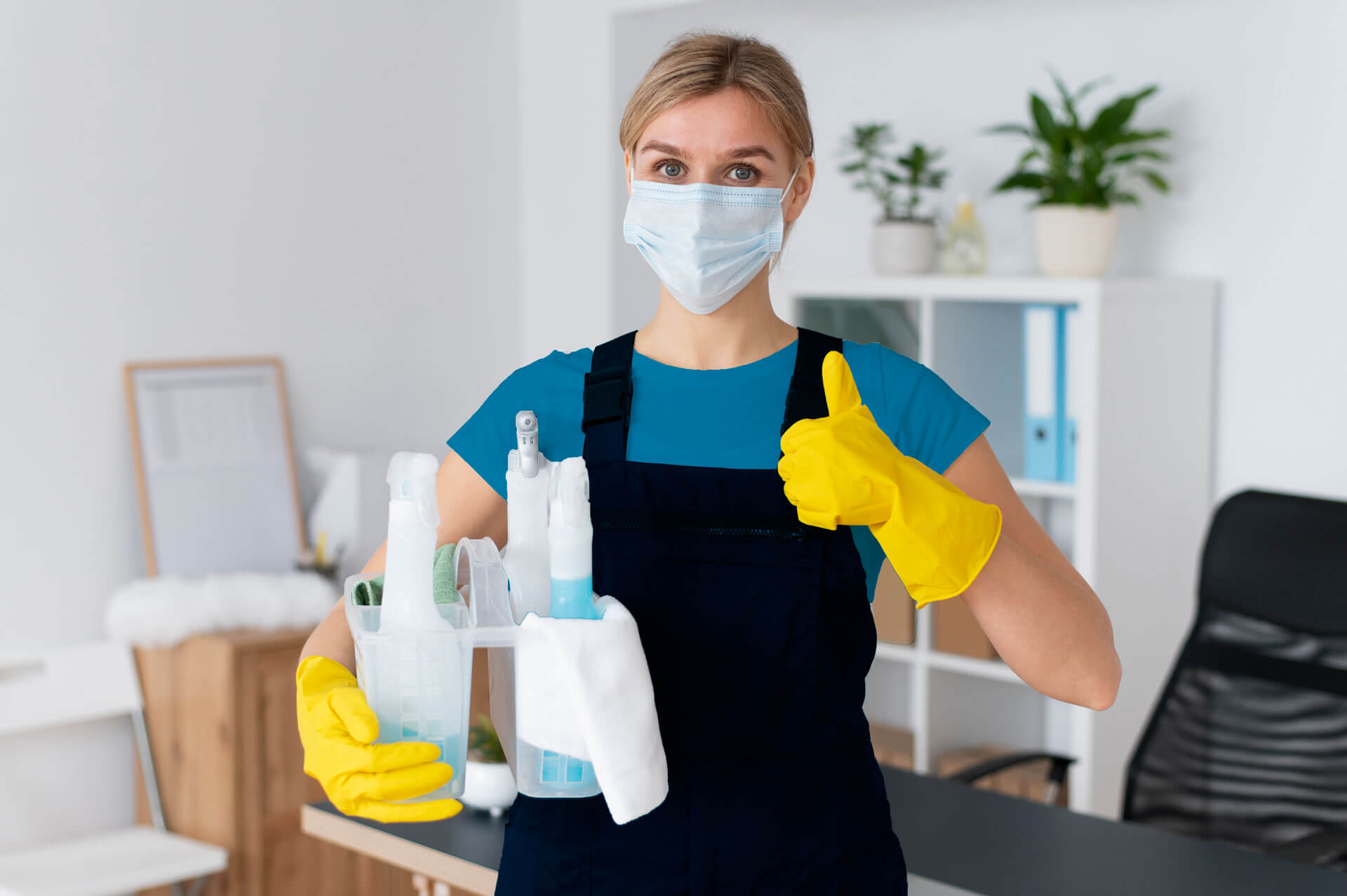 A maid from a cleaning service in Garland, Texas is giving a thumbs up while wearing a mask and gloves.