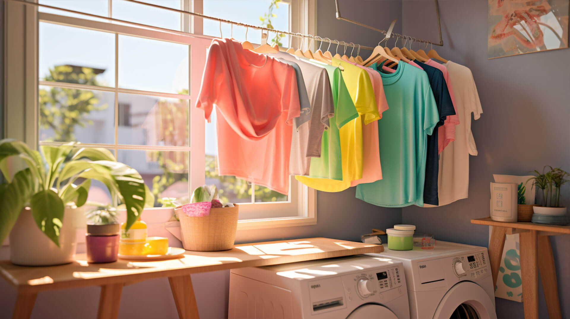 bright, sunlit laundry room with colorful workout clothes hanging on a clothesline